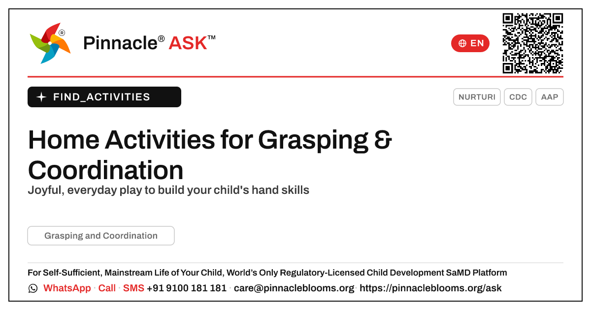 How can I work on Grasping and Coordination with my child at home? — Pinnacle Ask answer card with a short explanation and QR link
