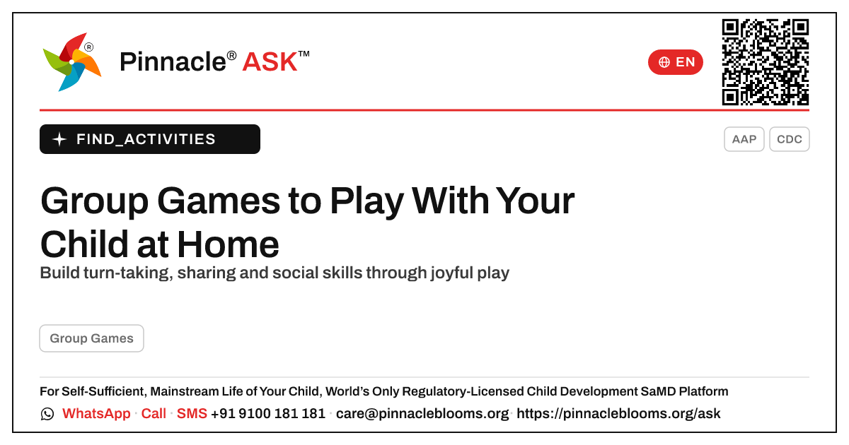 Group Games at Home: A Parent's Play Guide — Pinnacle Ask answer card with a short explanation and QR link