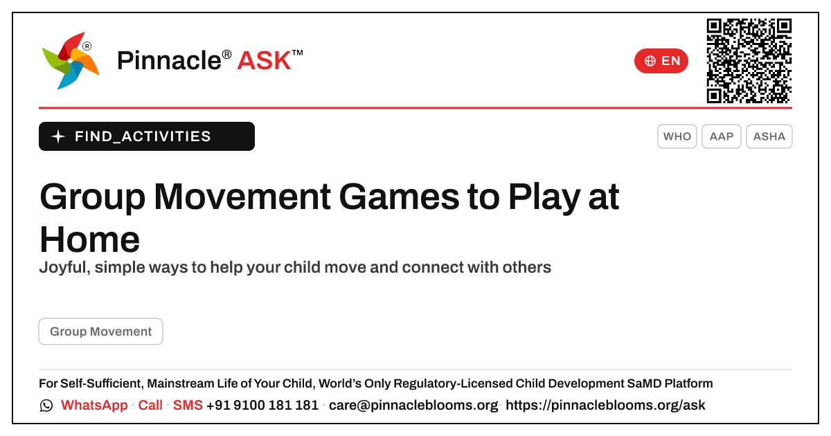 How can I work on Group Movement with my child at home? — Pinnacle Ask answer card with a short explanation and QR link