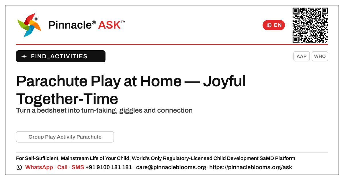 How to Do Group Play Parachute Activity at Home — Pinnacle Ask answer card with a short explanation and QR link