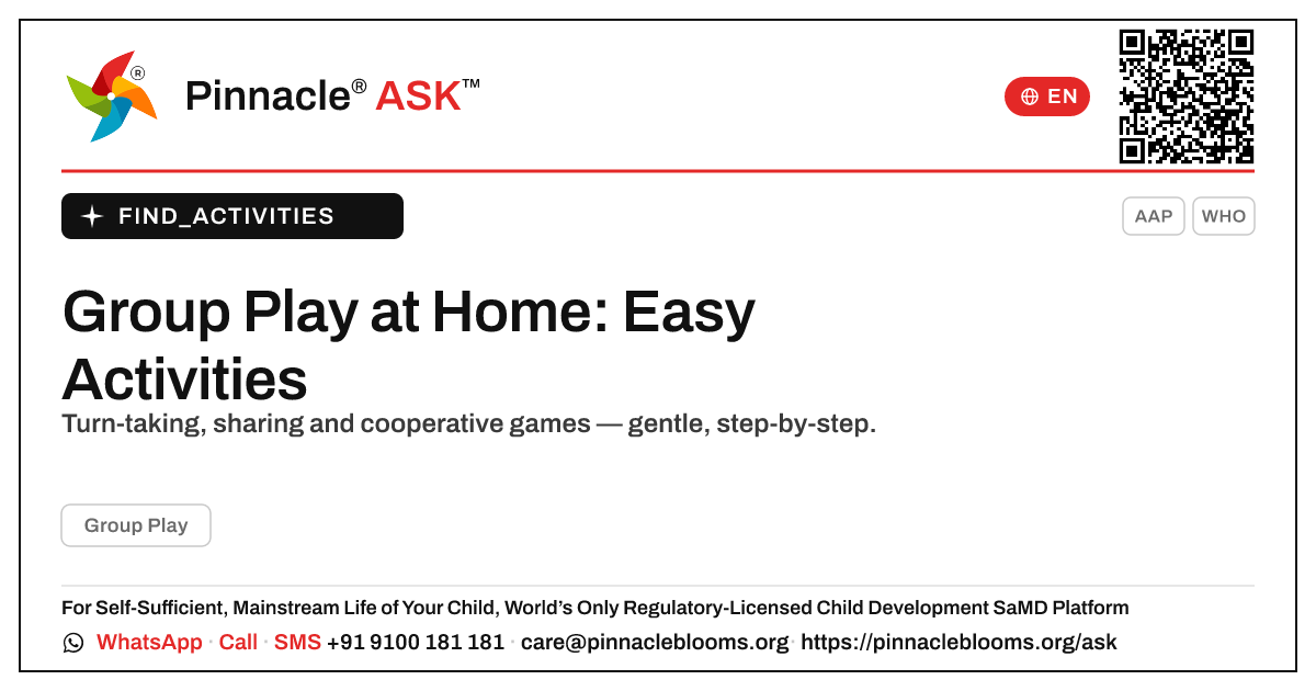 How can I work on Group Play with my child at home? — Pinnacle Ask answer card with a short explanation and QR link
