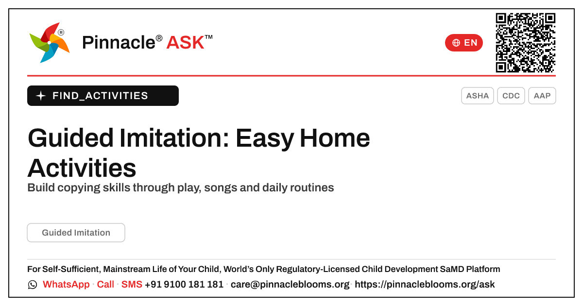 How can I work on Guided Imitation with my child at home? — Pinnacle Ask answer card with a short explanation and QR link