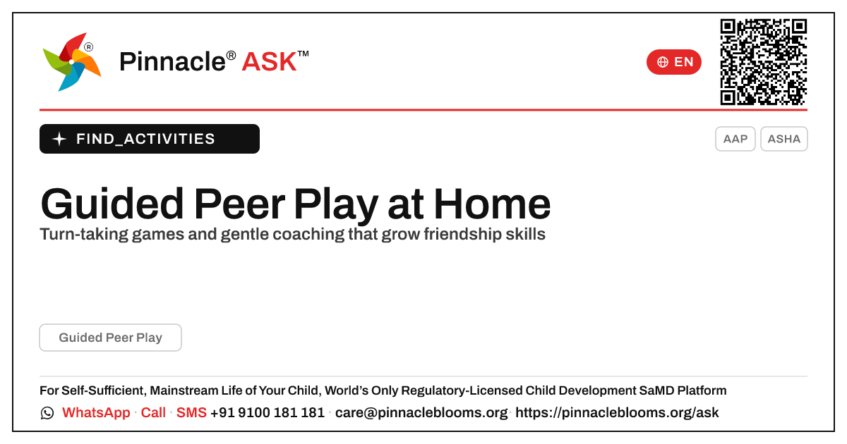 Guided Peer Play at Home for Parents — Pinnacle Ask answer card with a short explanation and QR link