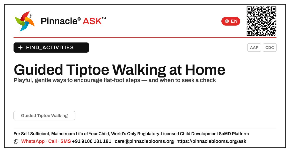 How to Practise Guided Tiptoe Walking at Home — Pinnacle Ask answer card with a short explanation and QR link
