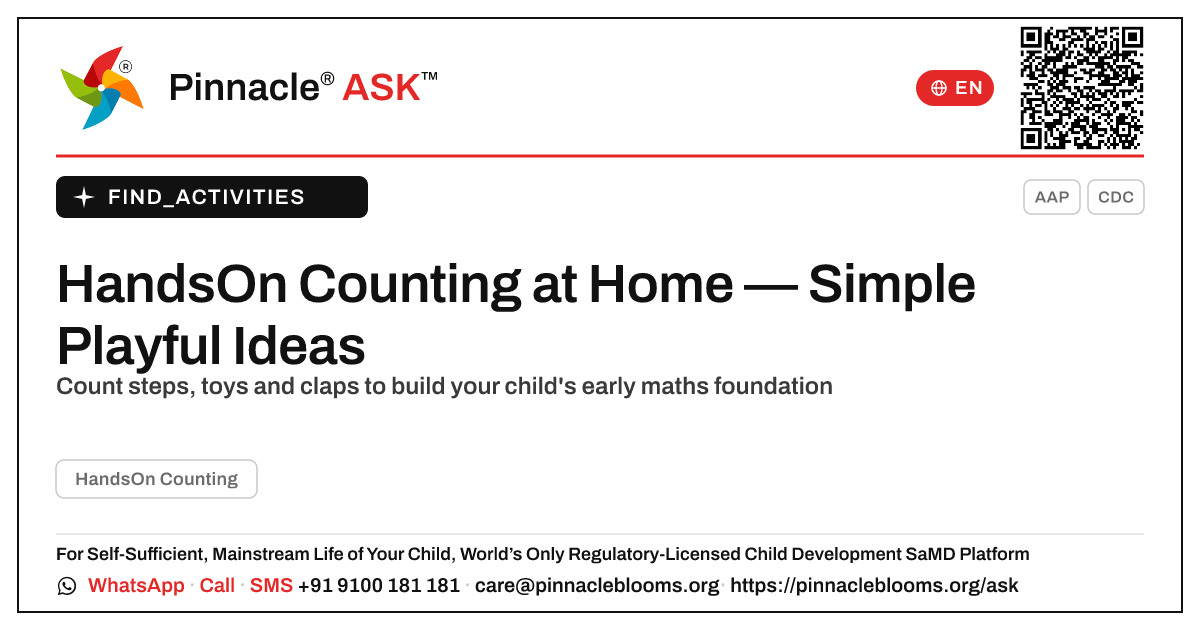 How to Practise HandsOn Counting at Home — Pinnacle Ask answer card with a short explanation and QR link