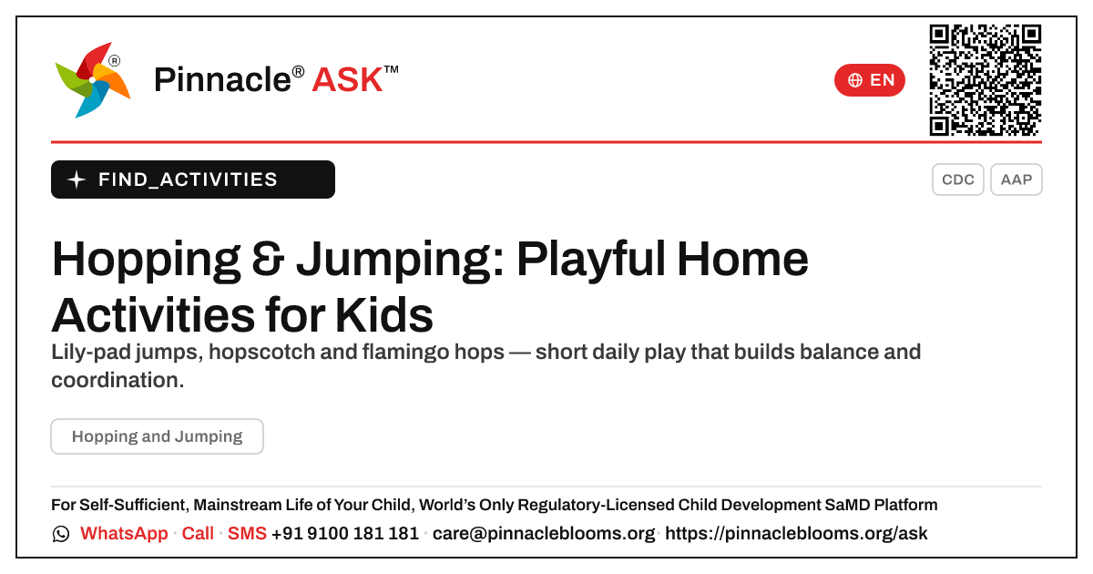 How to Work on Hopping and Jumping at Home — Pinnacle Ask answer card with a short explanation and QR link