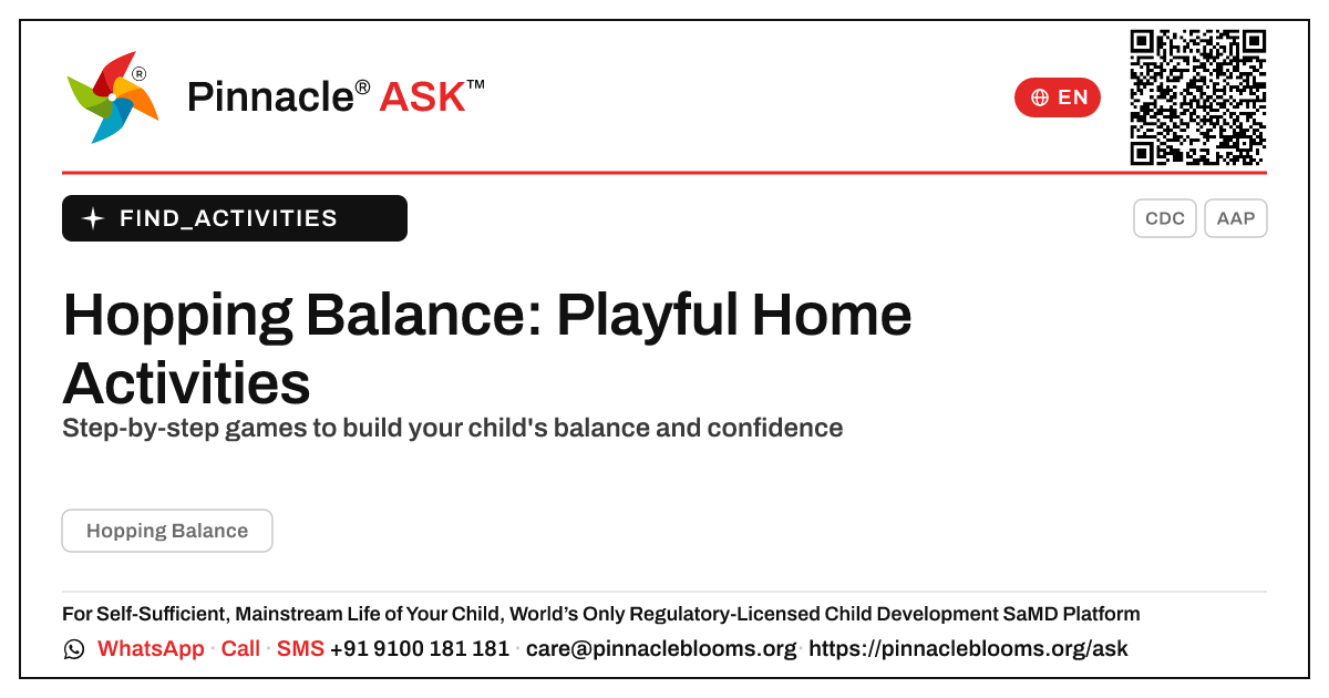 How can I work on Hopping Balance with my child at home? — Pinnacle Ask answer card with a short explanation and QR link