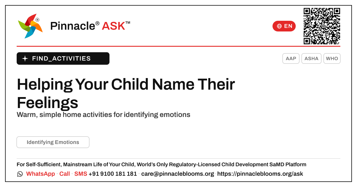 How can I work on Identifying Emotions with my child at home? — Pinnacle Ask answer card with a short explanation and QR link
