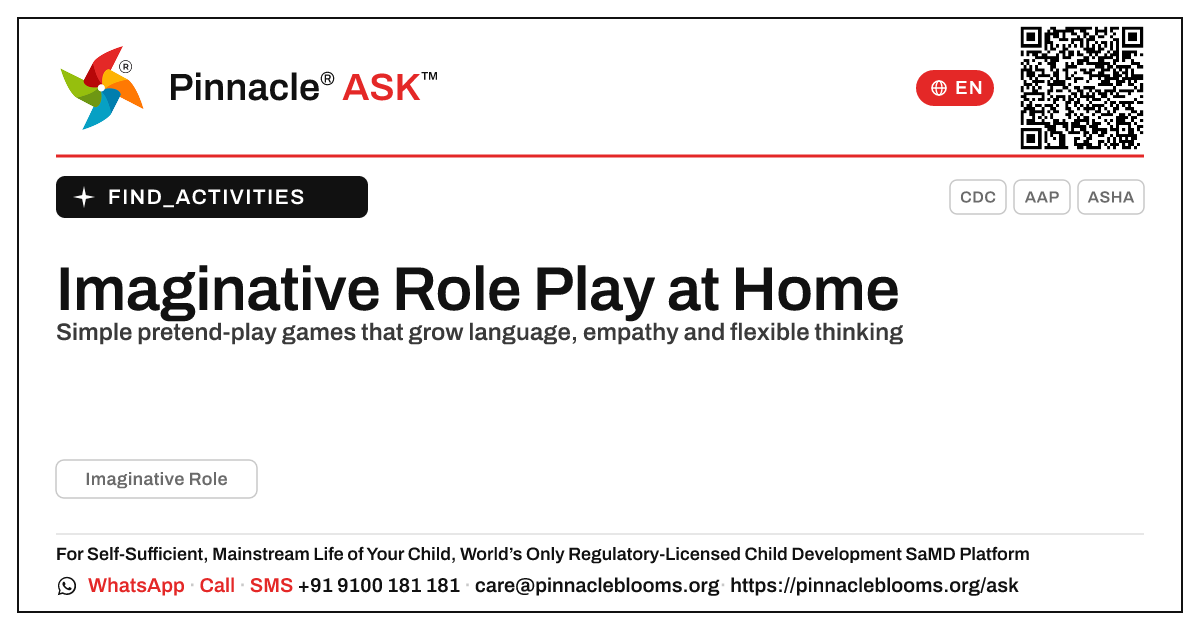 How can I work on Imaginative Role with my child at home? — Pinnacle Ask answer card with a short explanation and QR link