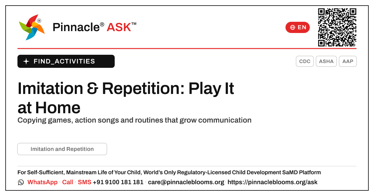 How can I work on Imitation and Repetition with my child at home? — Pinnacle Ask answer card with a short explanation and QR link