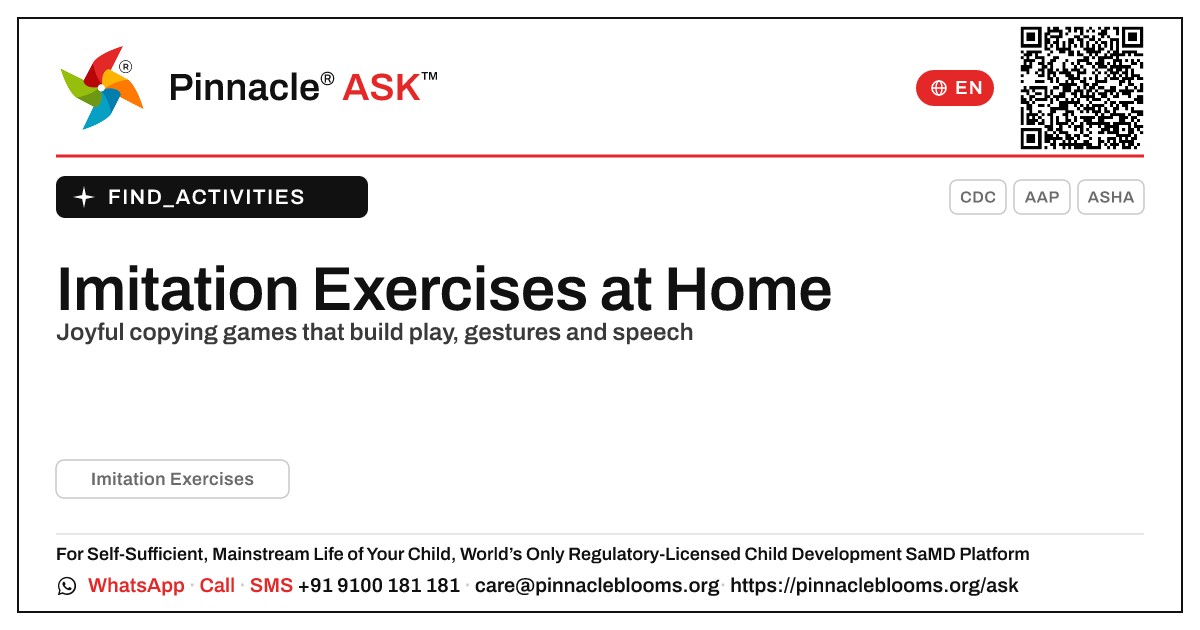 Imitation Exercises at Home — Pinnacle Ask answer card with a short explanation and QR link