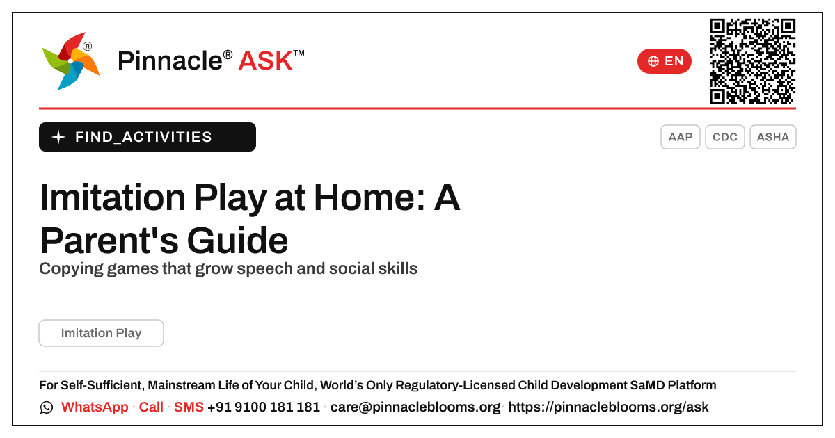How to Work on Imitation Play With Your Child at Home — Pinnacle Ask answer card with a short explanation and QR link