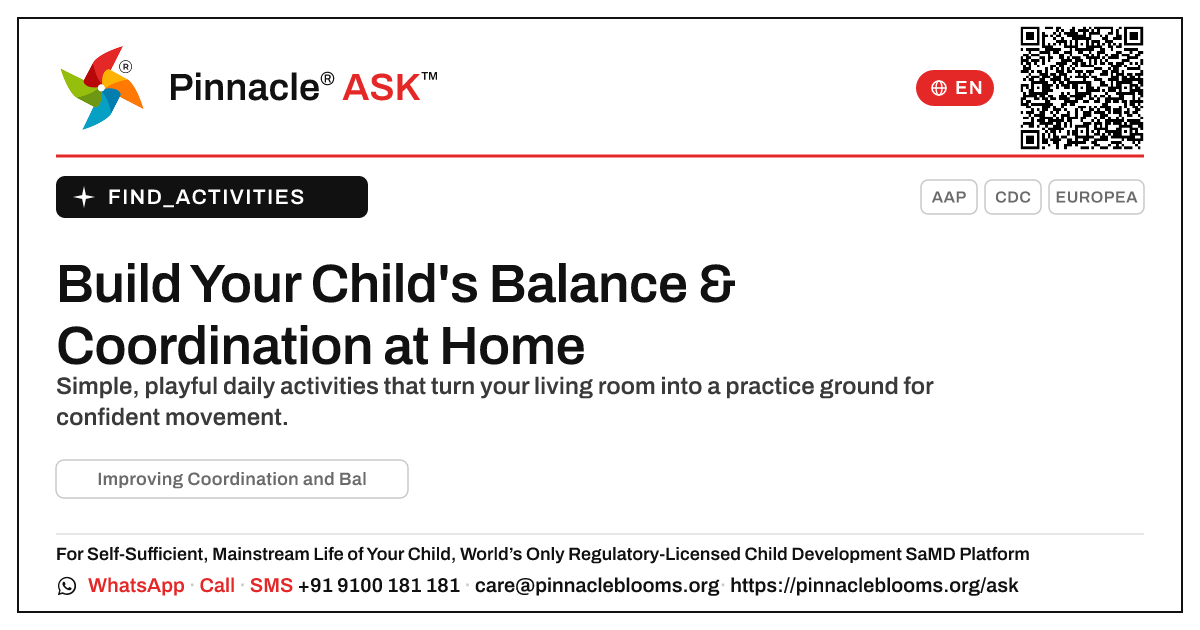 How to Improve Your Child's Coordination and Balance at Home — Pinnacle Ask answer card with a short explanation and QR link