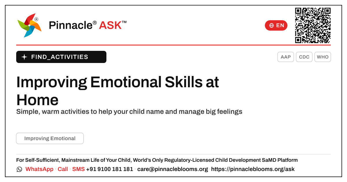 How to Improve Emotional Skills With Your Child at Home — Pinnacle Ask answer card with a short explanation and QR link