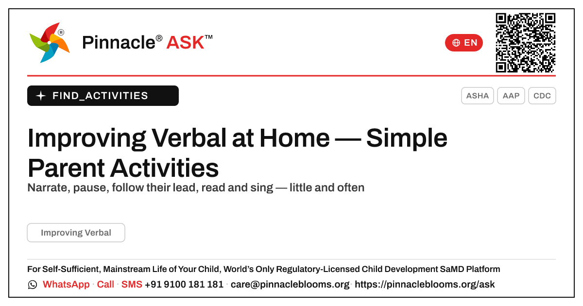 How can I work on Improving Verbal with my child at home? — Pinnacle Ask answer card with a short explanation and QR link