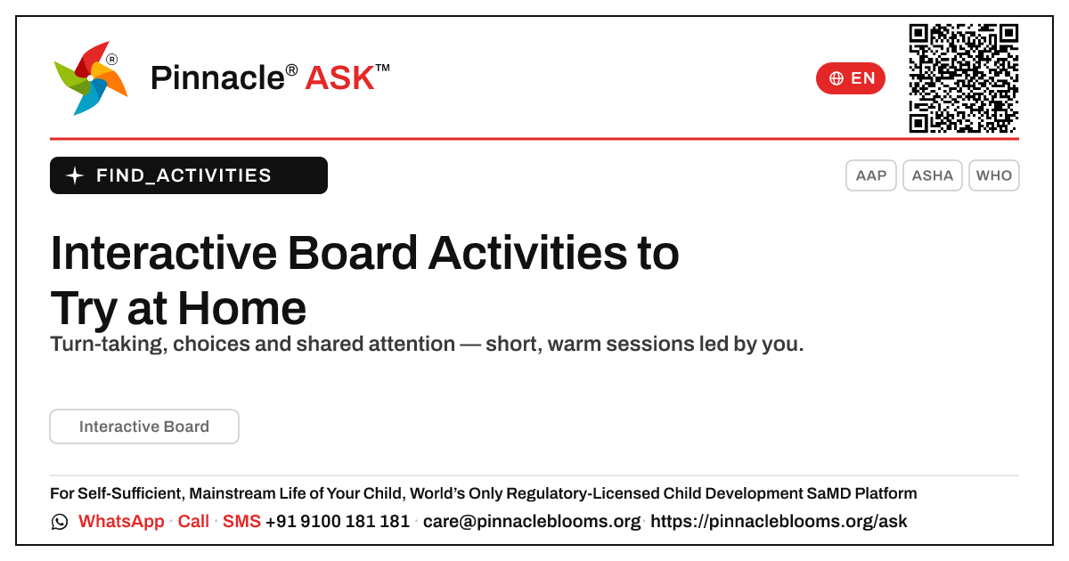 How to Work on an Interactive Board with Your Child at Home — Pinnacle Ask answer card with a short explanation and QR link