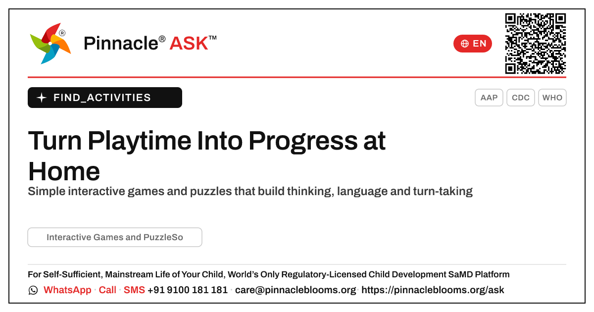 How can I work on Interactive Games and Puzzle-Solving with my child at home? — Pinnacle Ask answer card with a short explanation and QR link