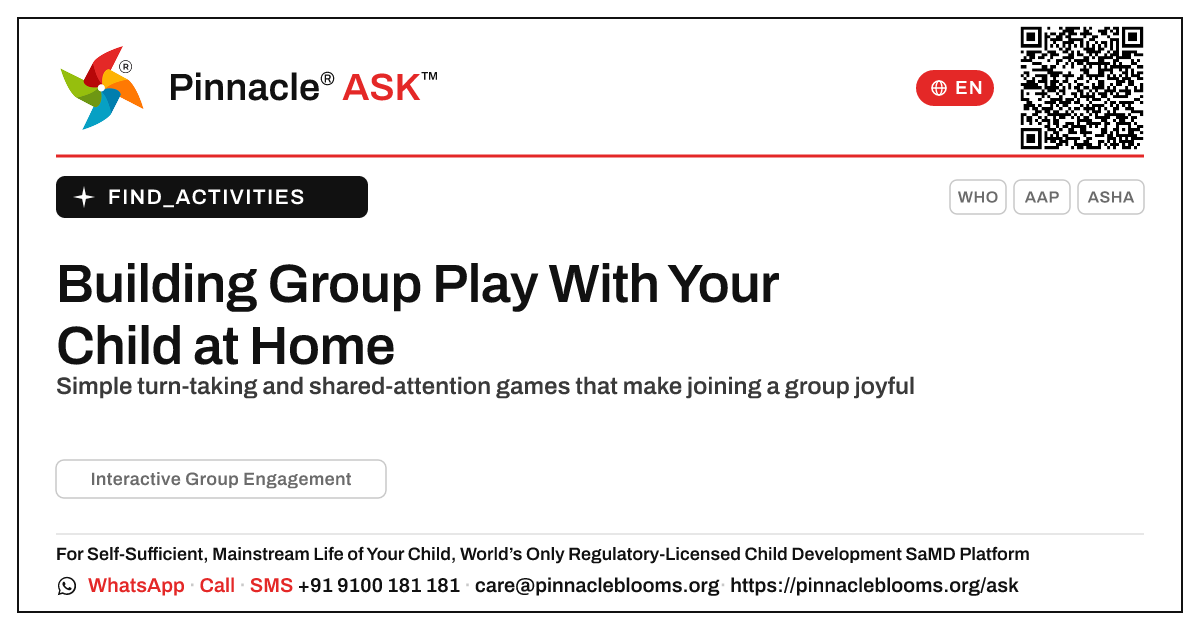 How to Work on Interactive Group Engagement at Home — Pinnacle Ask answer card with a short explanation and QR link