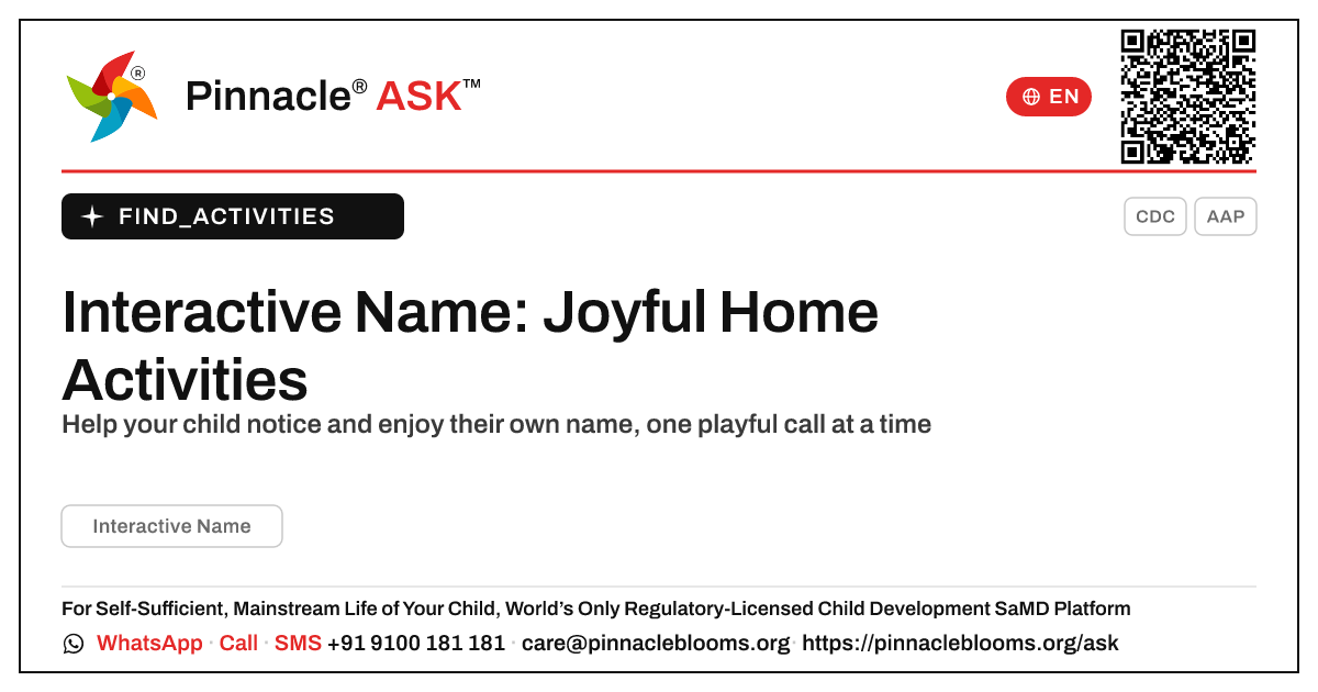 How can I work on Interactive Name with my child at home? — Pinnacle Ask answer card with a short explanation and QR link