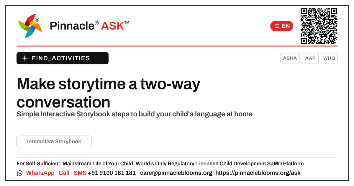 How can I work on Interactive Storybook with my child at home? — Pinnacle Ask answer card with a short explanation and QR link
