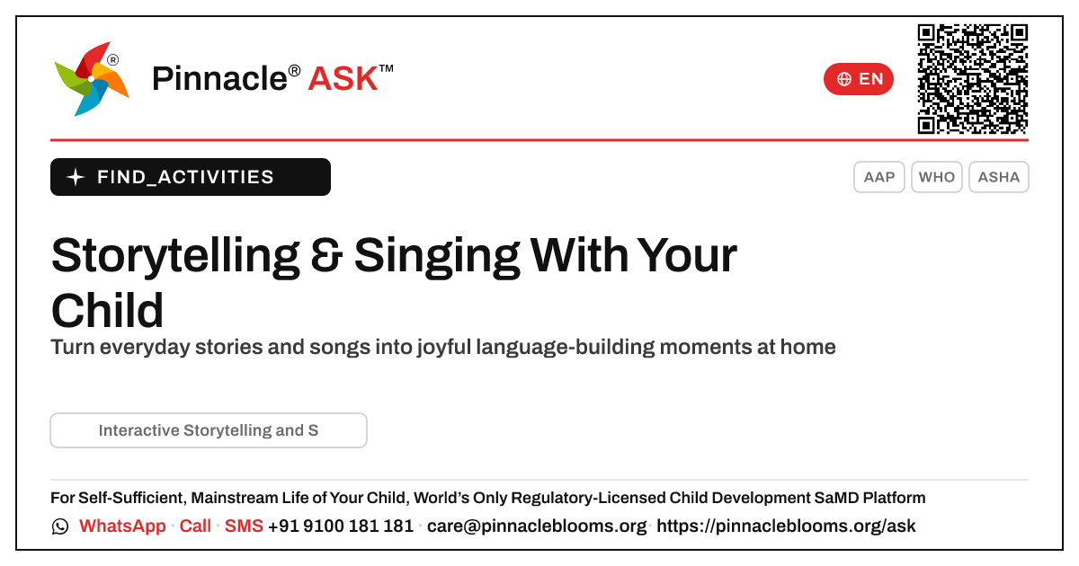 How to do Interactive Storytelling and Singing at Home — Pinnacle Ask answer card with a short explanation and QR link