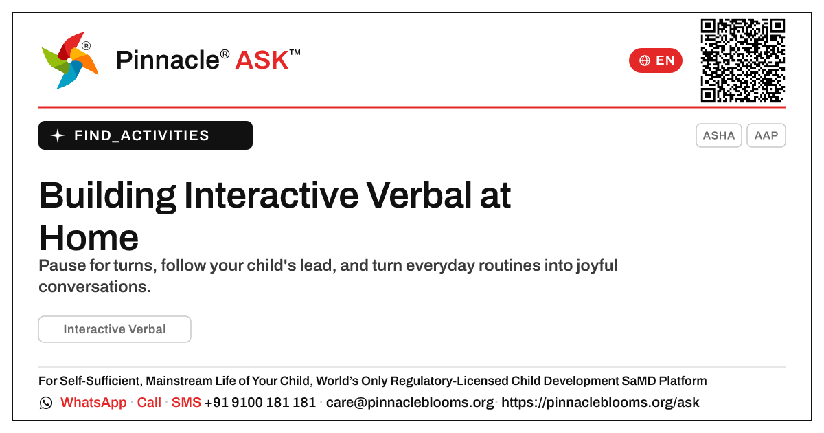 How to Work on Interactive Verbal With Your Child at Home — Pinnacle Ask answer card with a short explanation and QR link
