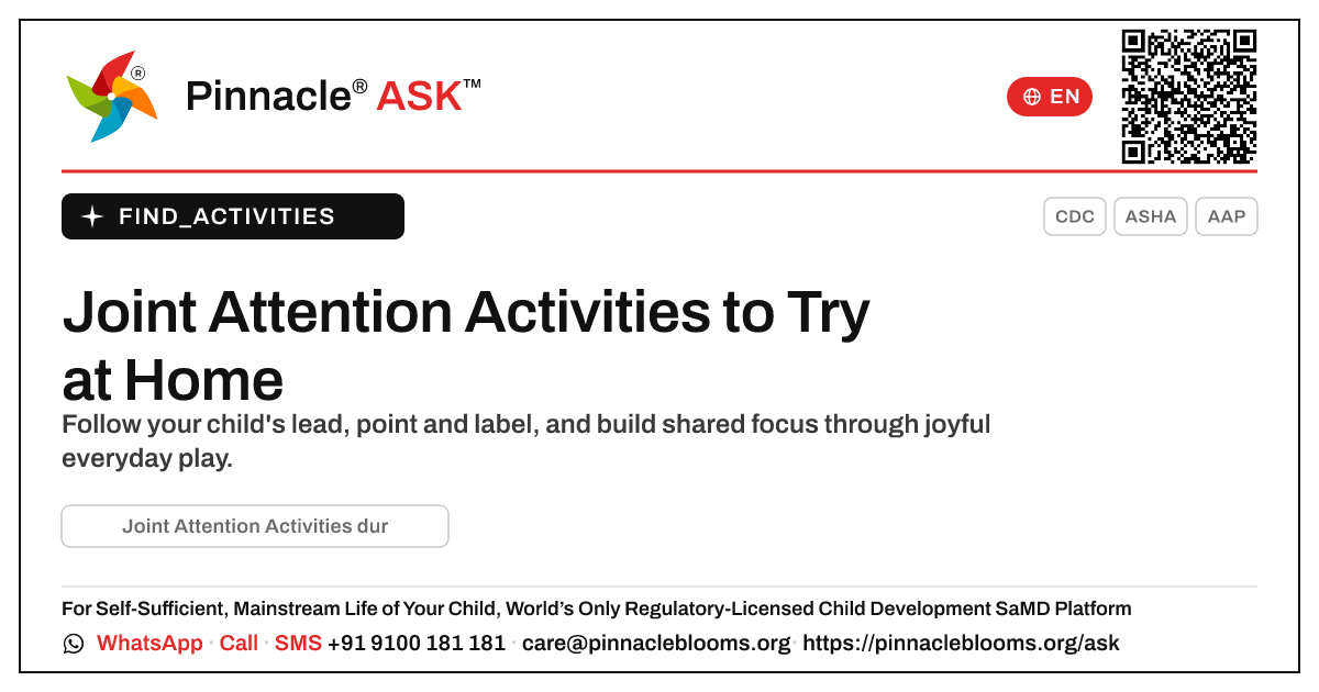 How to Work on Joint Attention Activities at Home — Pinnacle Ask answer card with a short explanation and QR link
