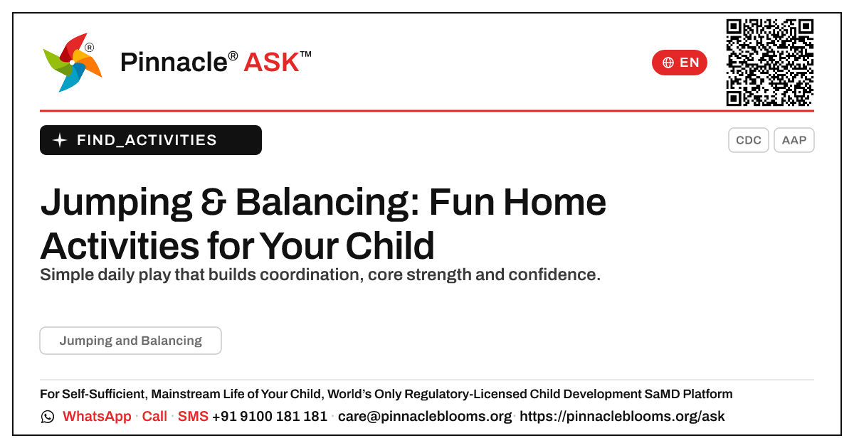 How can I work on Jumping and Balancing with my child at home? — Pinnacle Ask answer card with a short explanation and QR link