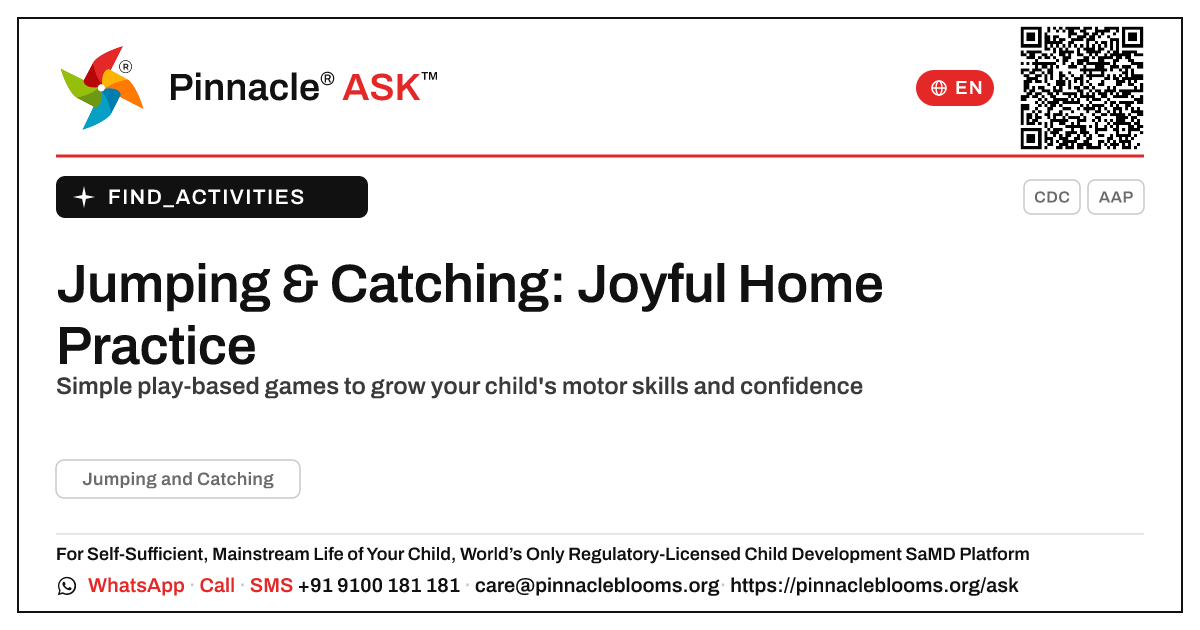 How to Work on Jumping and Catching at Home — Pinnacle Ask answer card with a short explanation and QR link