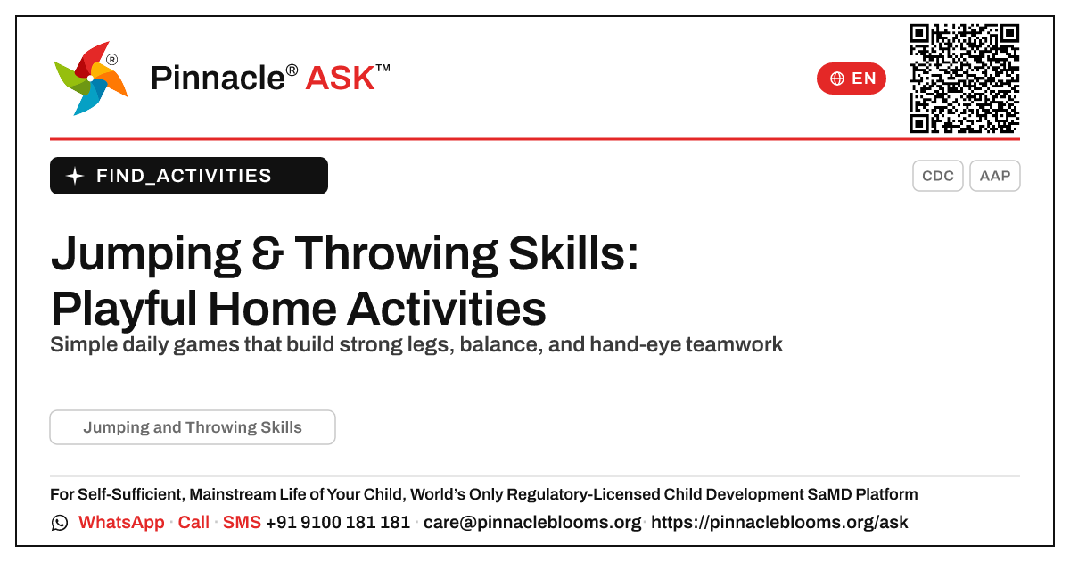 How to Work on Jumping and Throwing Skills at Home — Pinnacle Ask answer card with a short explanation and QR link
