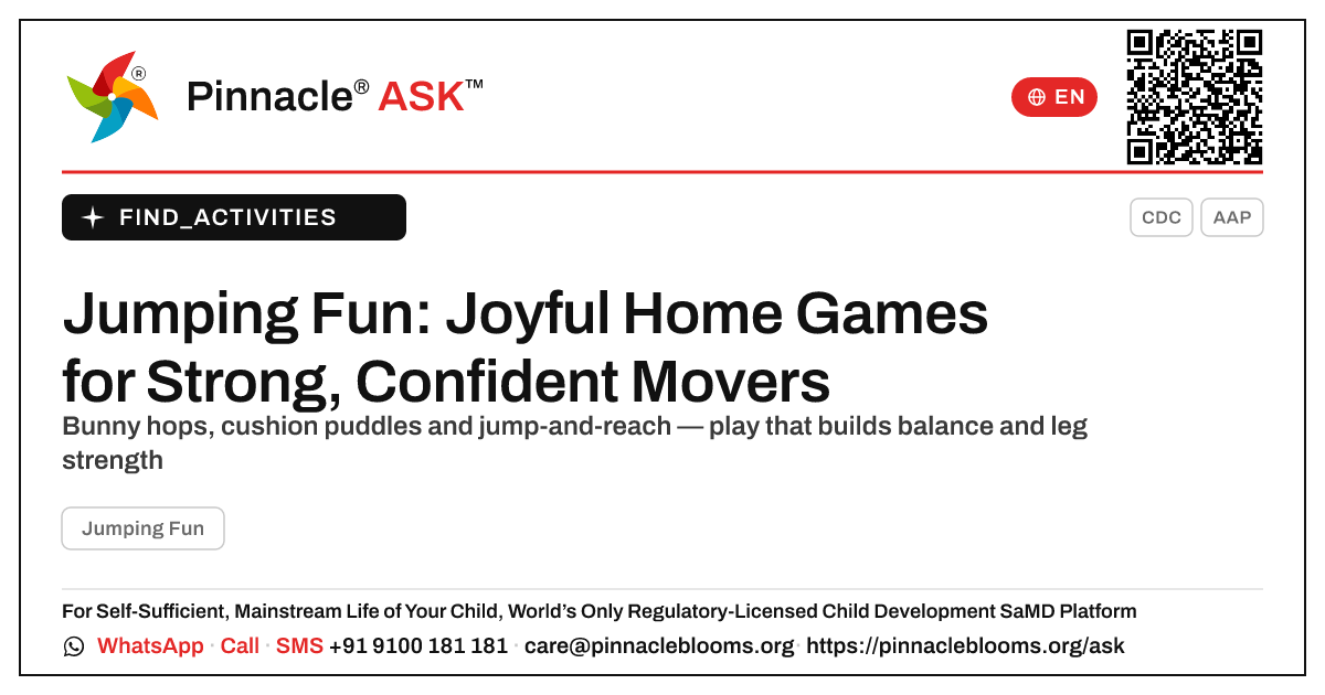 How can I work on Jumping Fun with my child at home? — Pinnacle Ask answer card with a short explanation and QR link