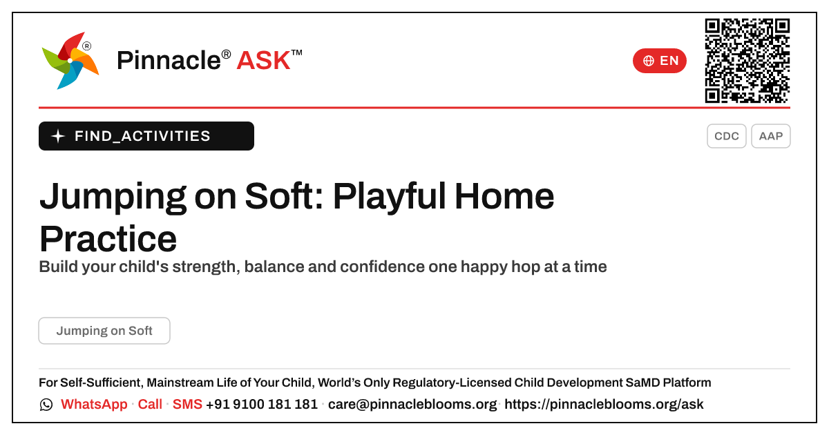 Working on Jumping on Soft With Your Child at Home — Pinnacle Ask answer card with a short explanation and QR link