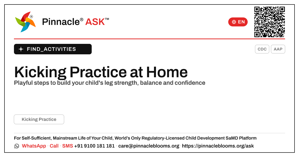 How can I work on Kicking Practice with my child at home? — Pinnacle Ask answer card with a short explanation and QR link