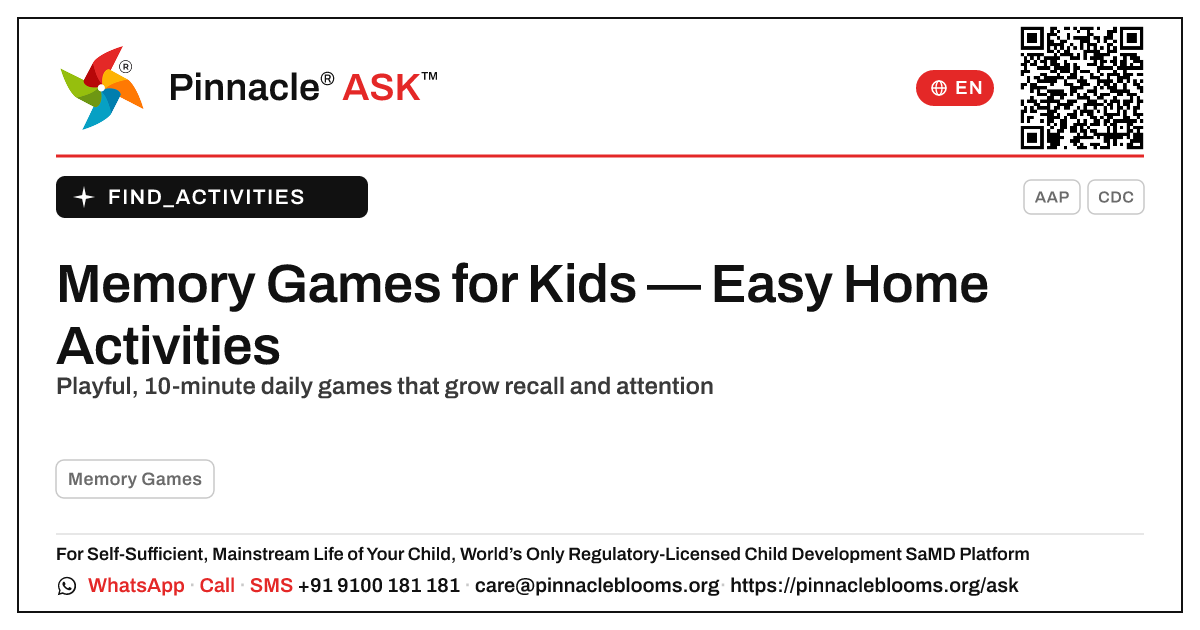 Memory Games at Home: A Parent's Activity Guide — Pinnacle Ask answer card with a short explanation and QR link