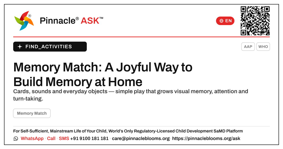 How can I work on Memory Match with my child at home? — Pinnacle Ask answer card with a short explanation and QR link