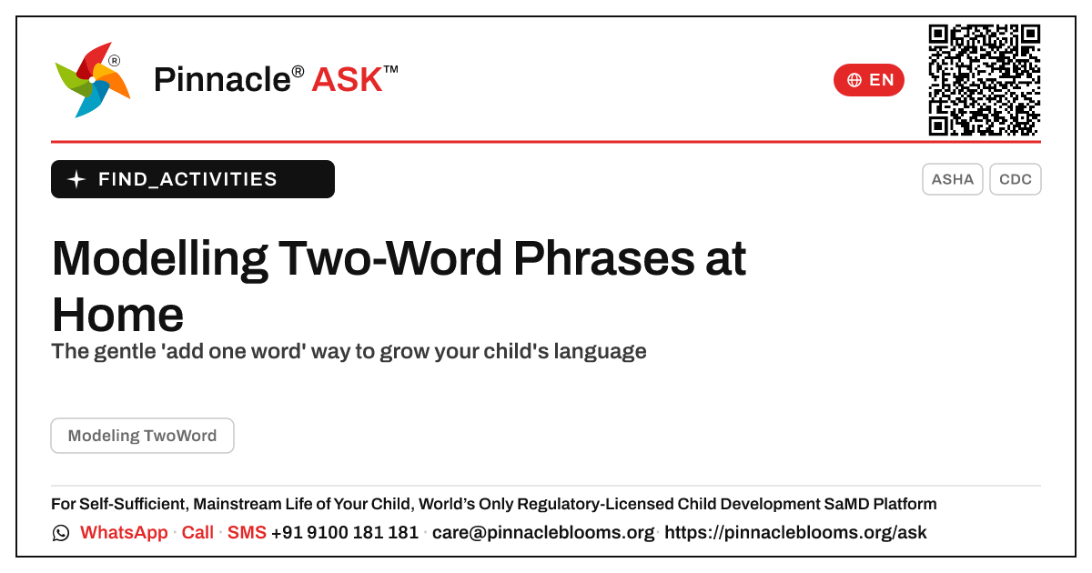 How to Work on Modelling Two-Word Phrases at Home — Pinnacle Ask answer card with a short explanation and QR link