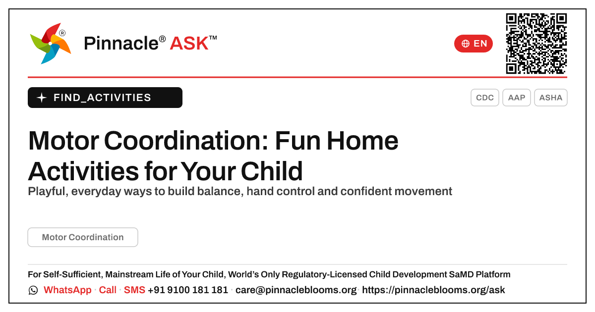 How to Work on Motor Coordination at Home — Pinnacle Ask answer card with a short explanation and QR link