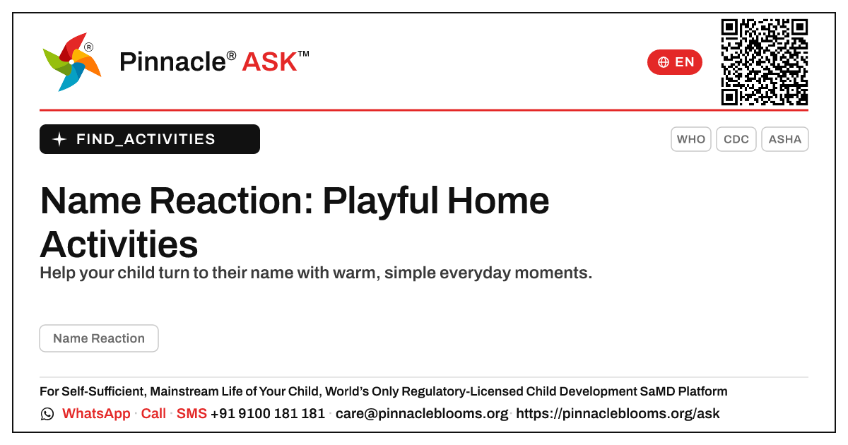 How can I work on Name Reaction with my child at home? — Pinnacle Ask answer card with a short explanation and QR link