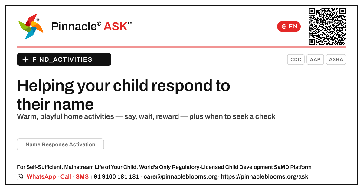 How to work on Name Response Activation at home — Pinnacle Ask answer card with a short explanation and QR link