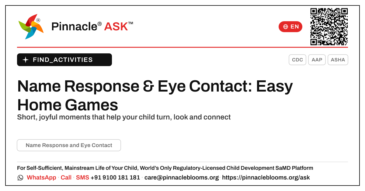 How to Work on Name Response and Eye Contact at Home — Pinnacle Ask answer card with a short explanation and QR link