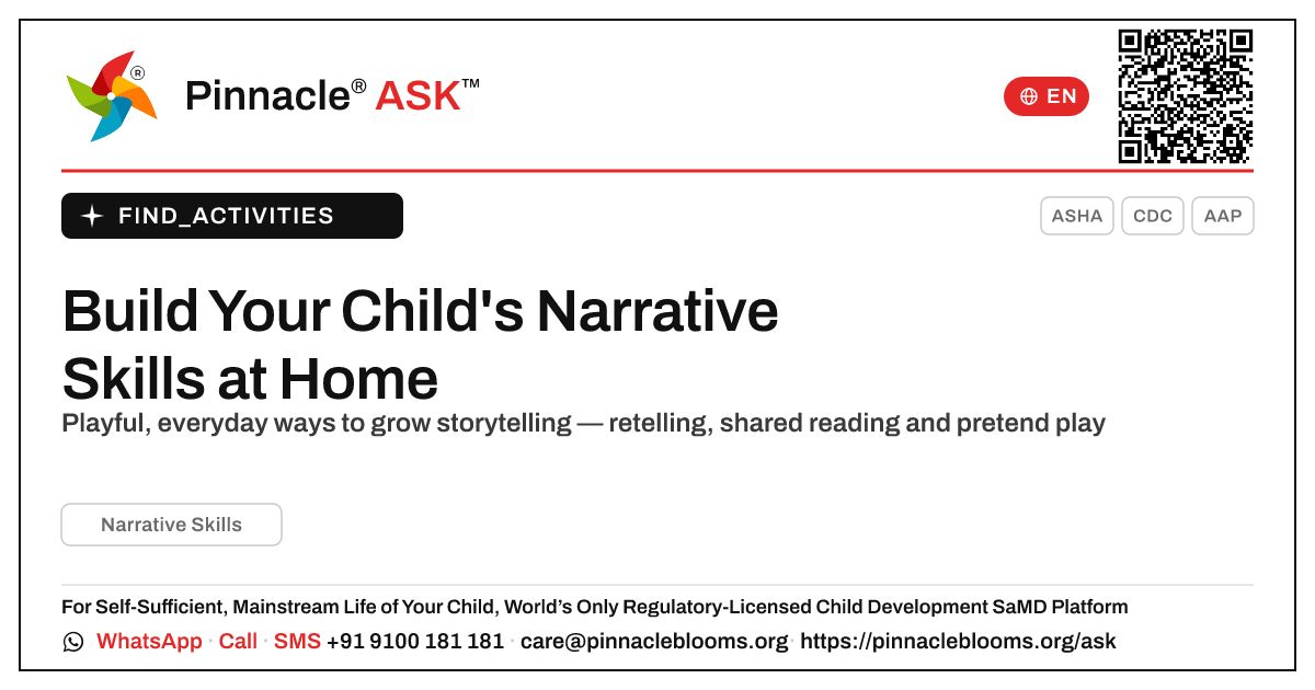 How can I work on Narrative Skills with my child at home? — Pinnacle Ask answer card with a short explanation and QR link