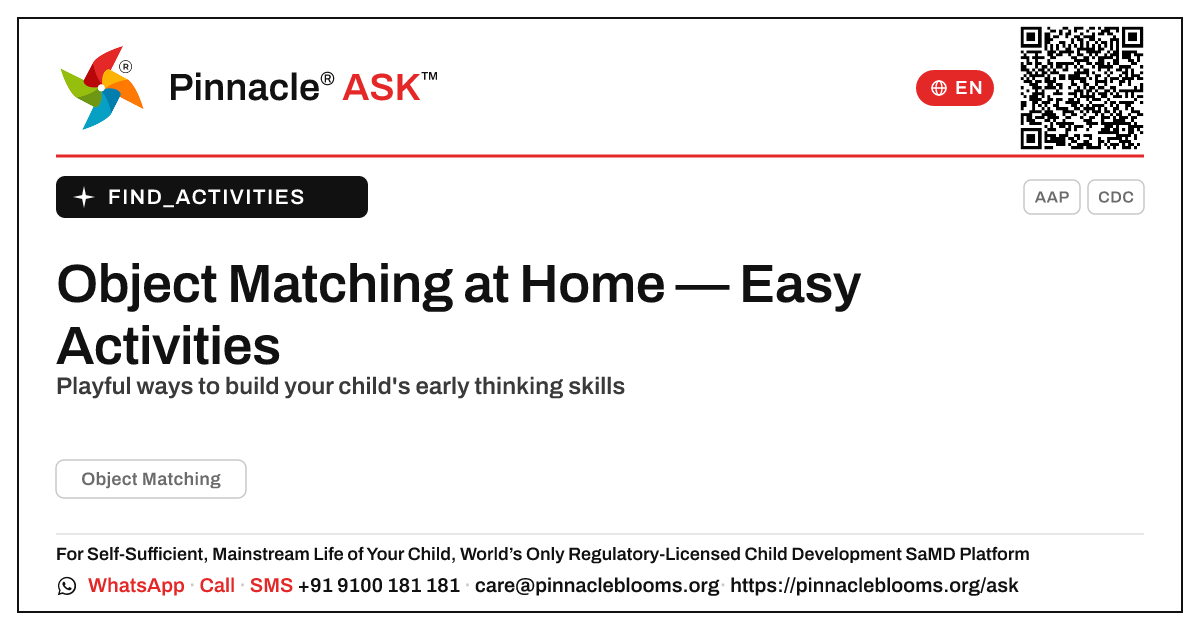 How to Work on Object Matching with Your Child at Home — Pinnacle Ask answer card with a short explanation and QR link
