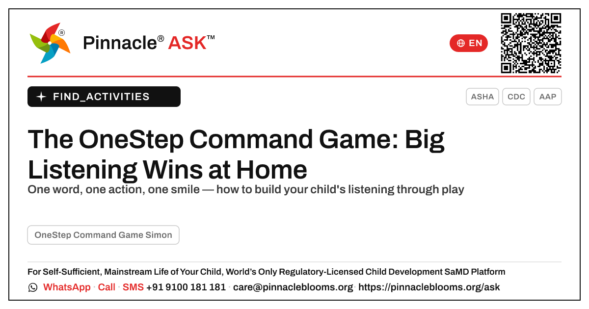 How to Play the OneStep Command Game at Home — Pinnacle Ask answer card with a short explanation and QR link