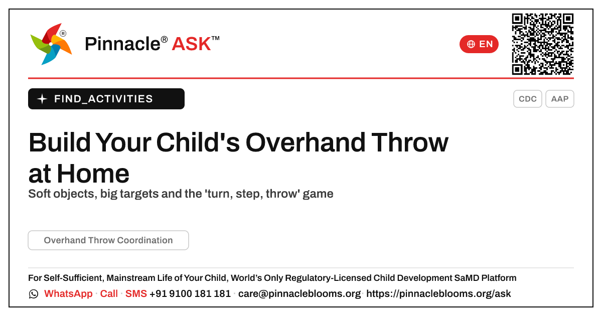 How to Work on Overhand Throw Coordination at Home — Pinnacle Ask answer card with a short explanation and QR link