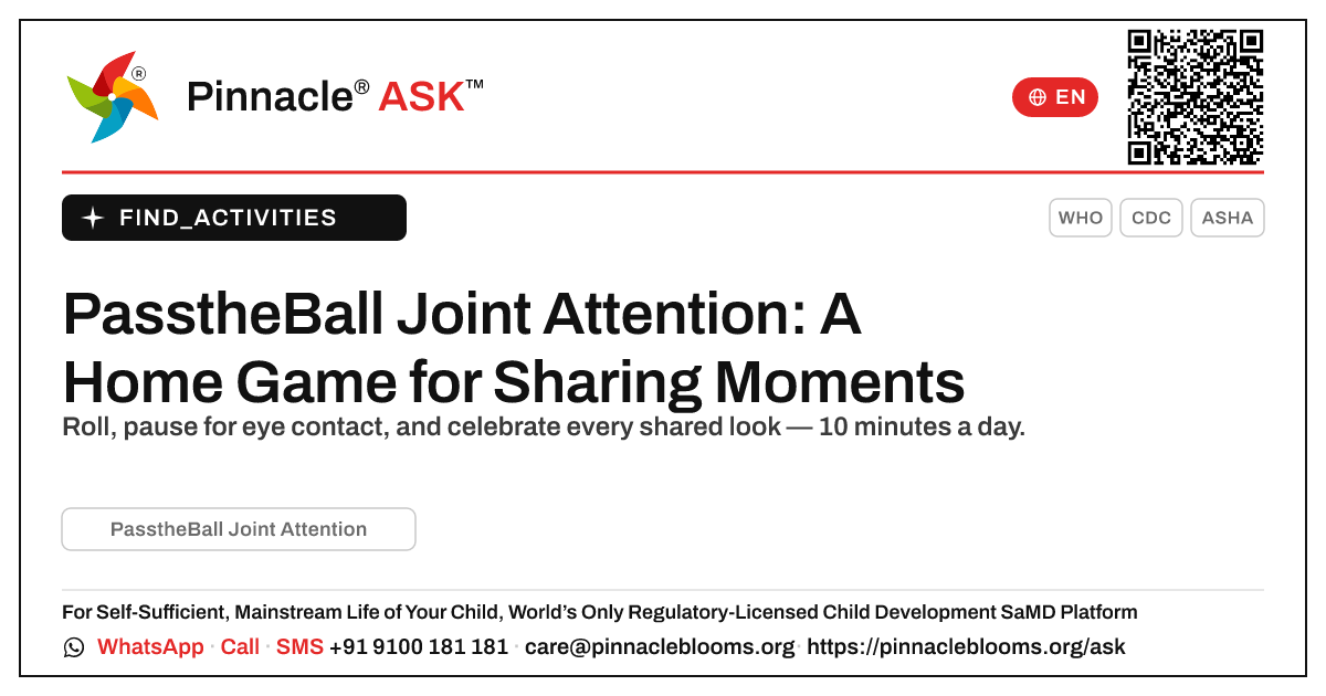 How to Work on PasstheBall Joint Attention at Home — Pinnacle Ask answer card with a short explanation and QR link
