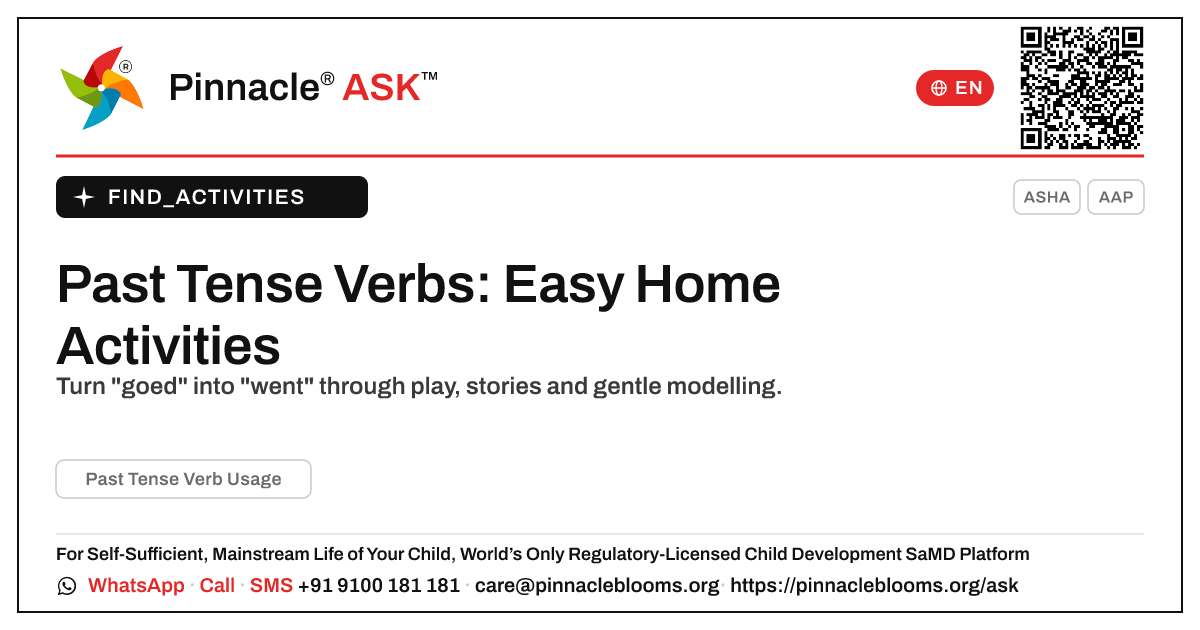 How can I work on Past Tense Verb Usage with my child at home? — Pinnacle Ask answer card with a short explanation and QR link