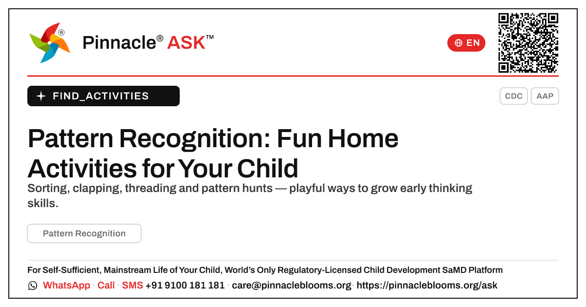 How can I work on Pattern Recognition with my child at home? — Pinnacle Ask answer card with a short explanation and QR link