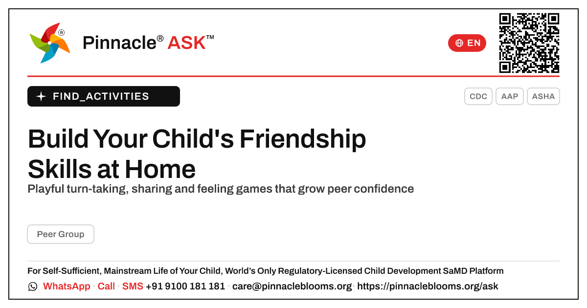 How to Work on Peer-Group Skills at Home — Pinnacle Ask answer card with a short explanation and QR link