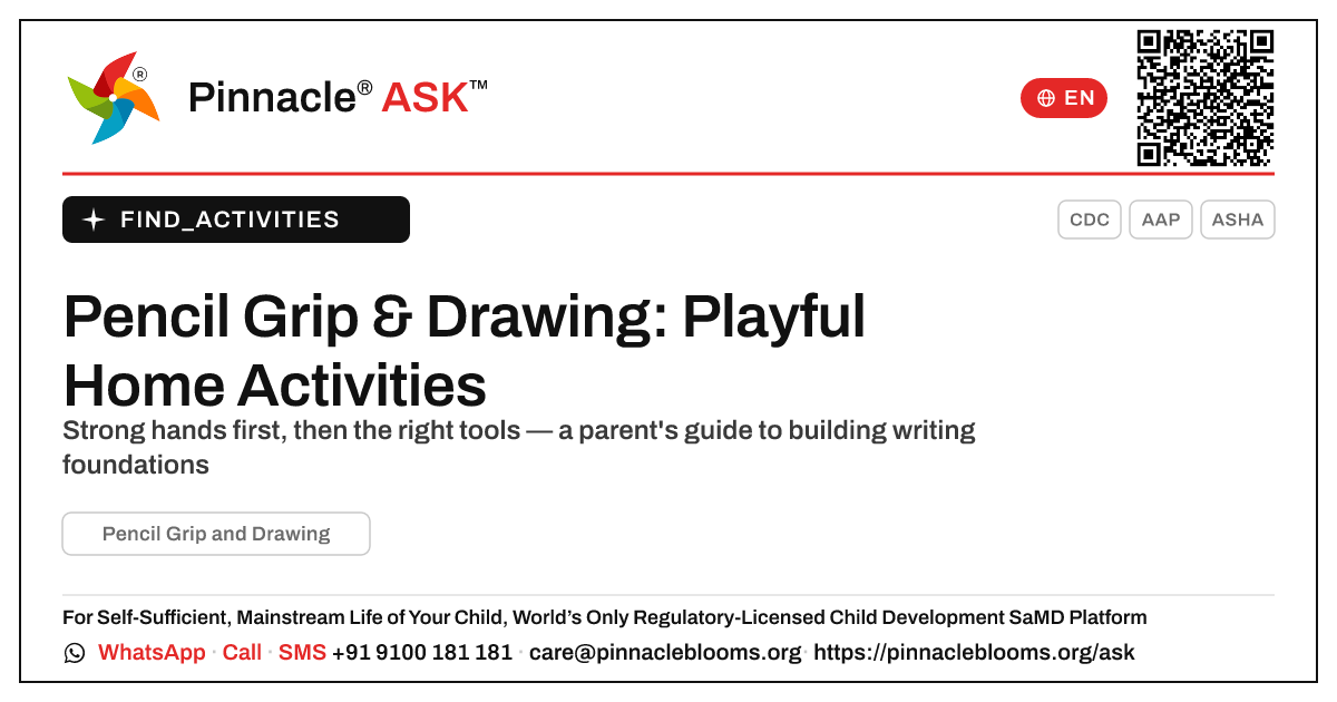How to Work on Pencil Grip and Drawing at Home — Pinnacle Ask answer card with a short explanation and QR link