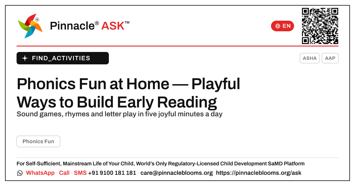How to Work on Phonics Fun with Your Child at Home — Pinnacle Ask answer card with a short explanation and QR link